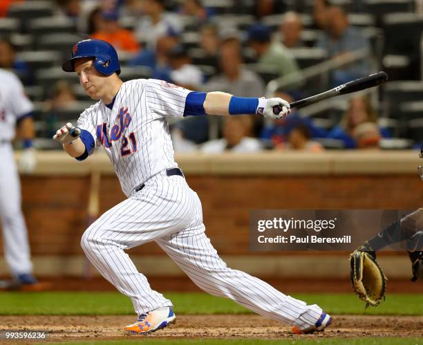 Todd Frazier of the New York Mets bats in an MLB baseball game against the Pittsburgh Pirates on June 27, 2018 at Citi Field in the Queens borough of...