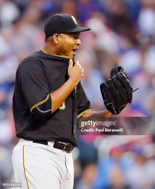 Pitcher Ivan Nova of the Pittsburgh Pirates reacts in an MLB baseball game against the New York Mets on June 27, 2018 at Citi Field in the Queens...