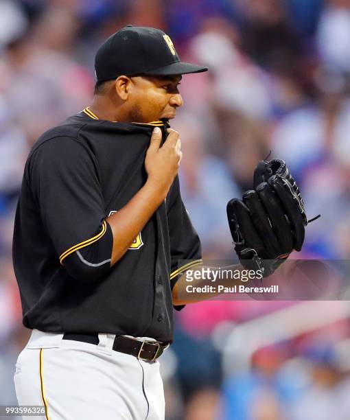 Pitcher Ivan Nova of the Pittsburgh Pirates reacts in an MLB baseball game against the New York Mets on June 27, 2018 at Citi Field in the Queens...
