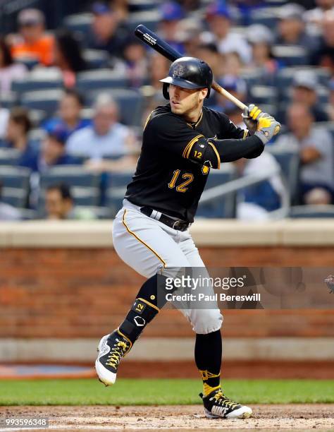 Corey Dickerson of the Pittsburgh Pirates bats in an MLB baseball game against the New York Mets on June 27, 2018 at Citi Field in the Queens borough...
