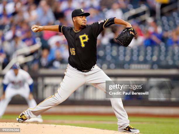 Pitcher Ivan Nova of the Pittsburgh Pirates pitches in an MLB baseball game against the New York Mets on June 27, 2018 at Citi Field in the Queens...