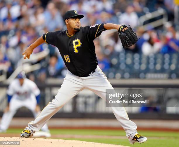 Pitcher Ivan Nova of the Pittsburgh Pirates pitches in an MLB baseball game against the New York Mets on June 27, 2018 at Citi Field in the Queens...