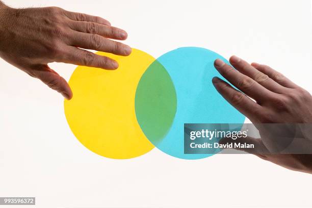 two hands positioning translucent circles to form a venn diagram. - malan stockfoto's en -beelden