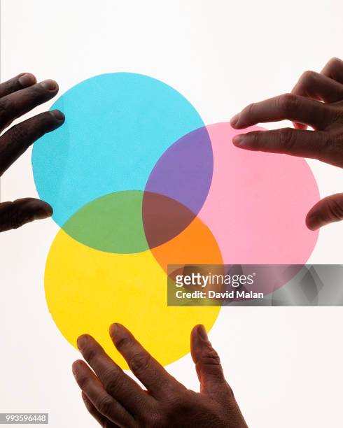 three coloured circles on a lightbox forming a venn diagram. - diagramme de venn photos et images de collection
