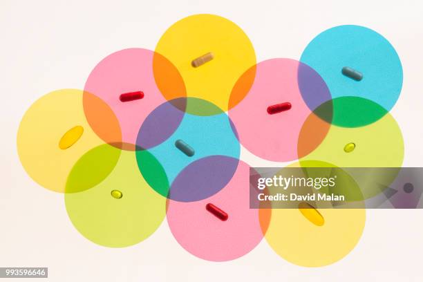 various pills on on overlapping translucent coloured circles. - malan stock pictures, royalty-free photos & images