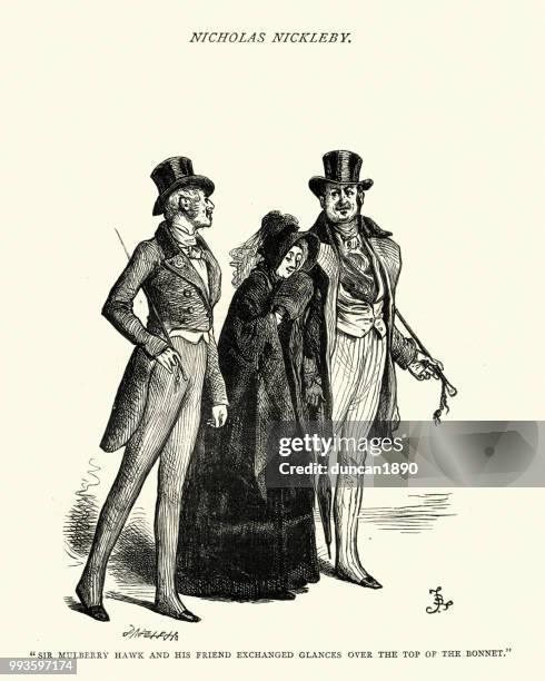 ilustraciones, imágenes clip art, dibujos animados e iconos de stock de charles dickens nicholas nickleby, sir mulberry hawk intercambiaron una mirada - vestimenta-histórica