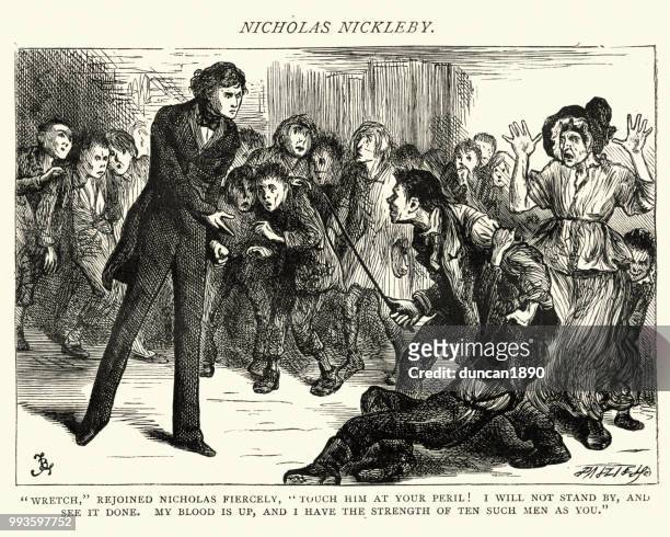 charles dickens, nicholas nickleby, wretch, rejoined nicholas, fiercely - wretch stock illustrations