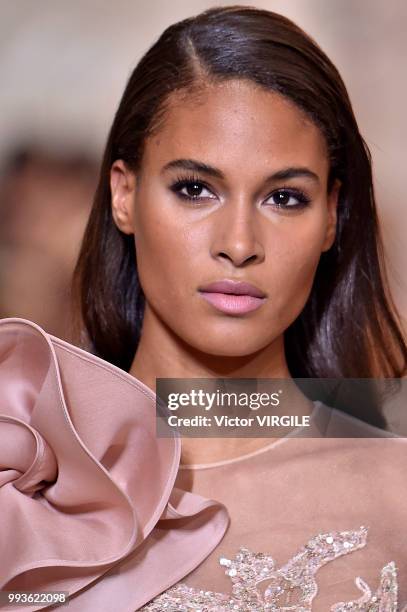 Cindy Bruna walks the runway during the Elie Saab Haute Couture Fall Winter 2018/2019 fashion show as part of Paris Fashion Week on July 4, 2018 in...