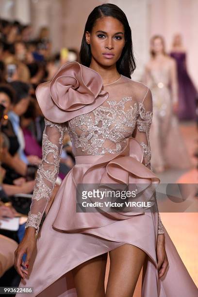 Cindy Bruna walks the runway during the Elie Saab Haute Couture Fall Winter 2018/2019 fashion show as part of Paris Fashion Week on July 4, 2018 in...