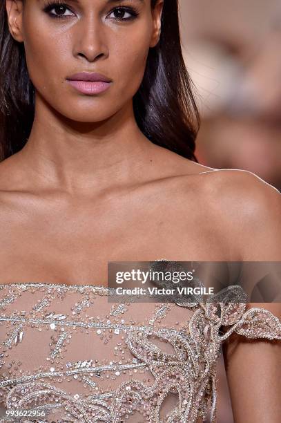 Cindy Bruna walks the runway during the Elie Saab Haute Couture Fall Winter 2018/2019 fashion show as part of Paris Fashion Week on July 4, 2018 in...