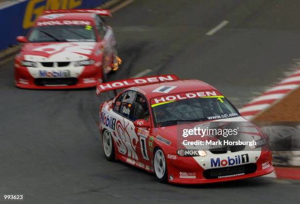 Holden driver Mark Skaife followed by team mate Jason Bright in action during the second practice for the GMC 400 being held in Canberra this...