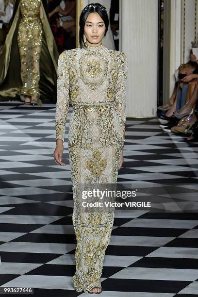 Model walks the runway during the Zuhair Murad Haute Couture Fall Winter 2018/2019 fashion show as part of Paris Fashion Week on July 4, 2018 in...