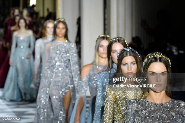 Model walks the runway during the Zuhair Murad Haute Couture Fall Winter 2018/2019 fashion show as part of Paris Fashion Week on July 4, 2018 in...