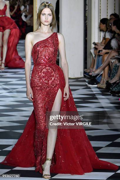 Model walks the runway during the Zuhair Murad Haute Couture Fall Winter 2018/2019 fashion show as part of Paris Fashion Week on July 4, 2018 in...