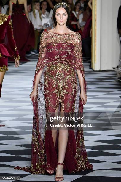 Model walks the runway during the Zuhair Murad Haute Couture Fall Winter 2018/2019 fashion show as part of Paris Fashion Week on July 4, 2018 in...