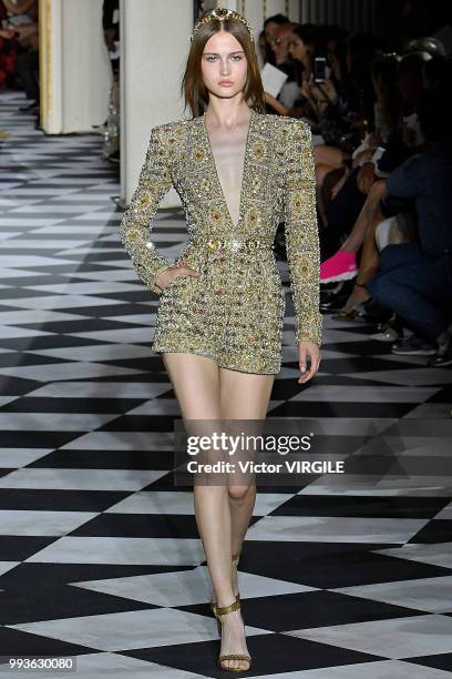 Model walks the runway during the Zuhair Murad Haute Couture Fall Winter 2018/2019 fashion show as part of Paris Fashion Week on July 4, 2018 in...