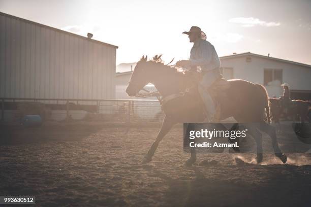 カウボーイのロデオ競技場で馬に乗る - ぶち模様 ストックフォトと画像