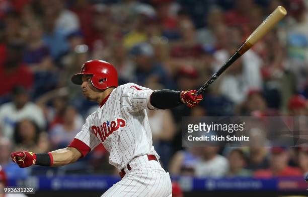 Cesar Hernandez of the Philadelphia Phillies in action against the Washington Nationals during a game at Citizens Bank Park on June 29, 2018 in...