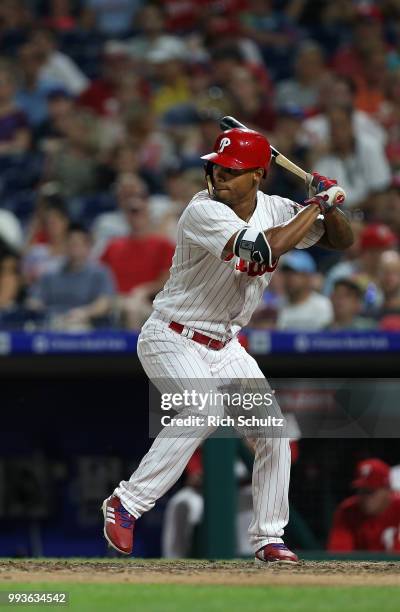 Nick Williams of the Philadelphia Phillies in action against the Washington Nationals during a game at Citizens Bank Park on June 29, 2018 in...