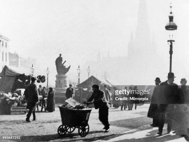 Bull Ring flower market with a Statue of Horatio Nelson pictured in background, West Midlands, Thursday 31st October 1901.