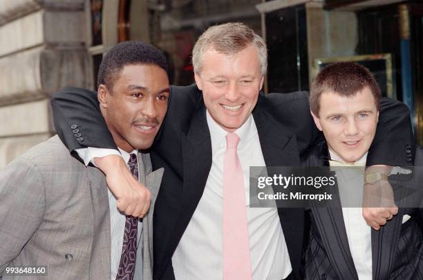 Boxing promoter Barry Hearn with his two boxers Michael Watson and Jim McDonnell, 12th September 1989.