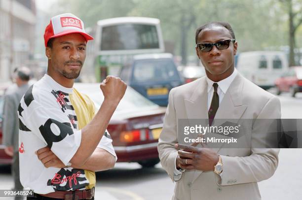 Chris Eubank and Michael Watson in London to promote their WBO middleweight title clash. Eubanks won by majority decision over 12 rounds, 22nd May...