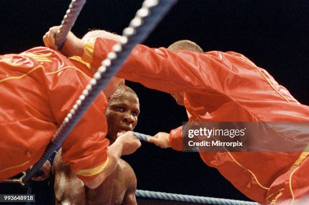 Chris Eubank defends his WBO super-middleweight title against Ron Essett at the Quinta do Lago Hotel, Almancil, Portugal. Eubank successfully...