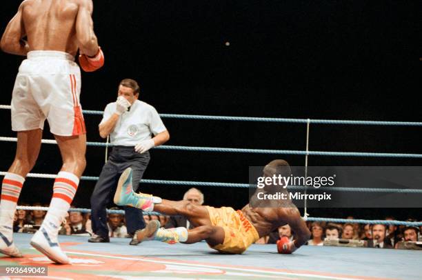 Chris Eubank vs Michael Watson for the WBO middleweight title at Earls Court Exhibition Centre, London, England. Eubanks won by majority decision...