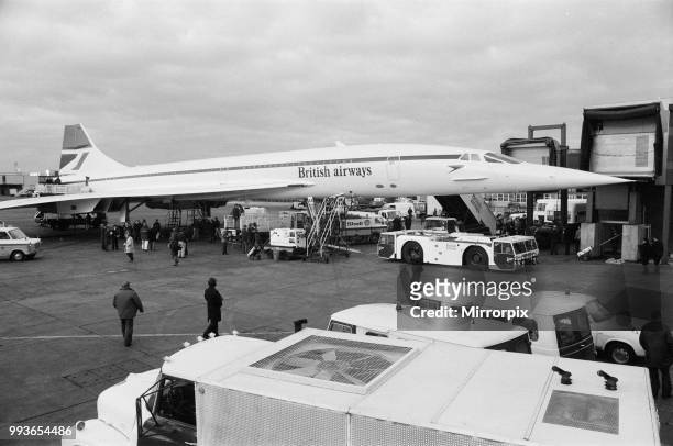 Inaugural commercial flights of the supersonic airliner Concorde on 21st January 1976, seven years after its maiden test flight. One British Airways...
