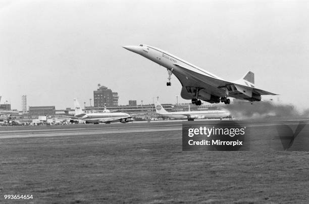 Inaugural commercial flights of the supersonic airliner Concorde on 21st January 1976, seven years after its maiden test flight. One British Airways...