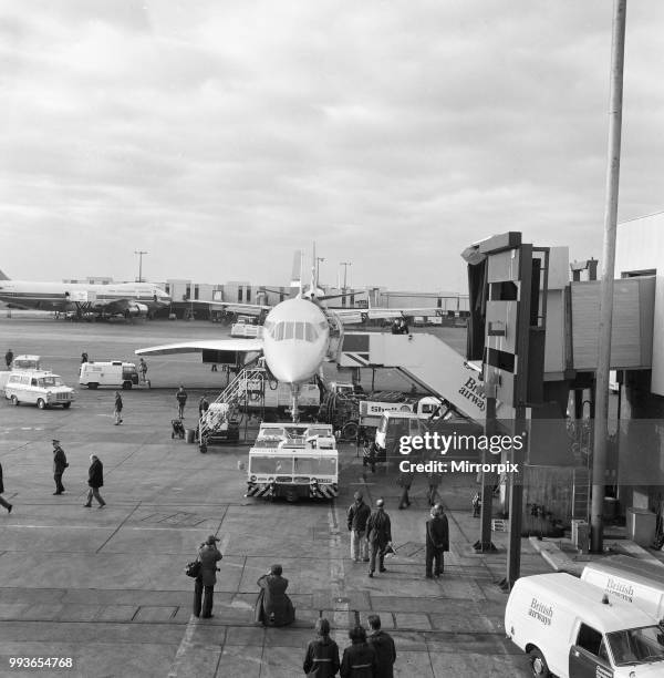 Inaugural commercial flights of the supersonic airliner Concorde on 21st January 1976, seven years after its maiden test flight. One British Airways...