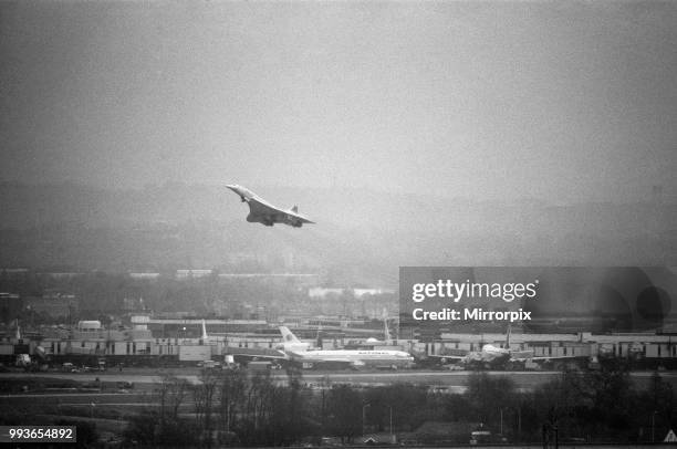 Inaugural commercial flights of the supersonic airliner Concorde on 21st January 1976, seven years after its maiden test flight. One British Airways...