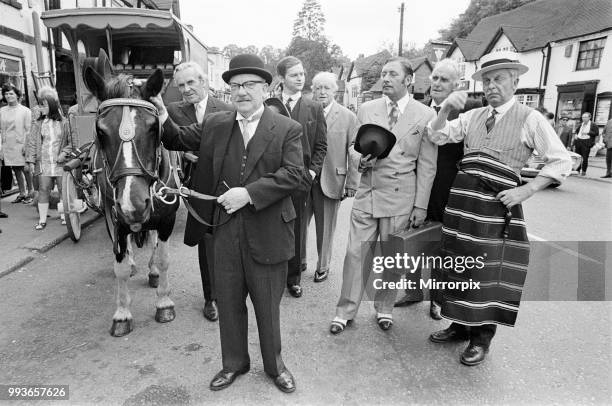 Arthur Lowe as Captain Mainwaring during the filming of the Dad's Army film at Chalfont St Giles, Buckinghamshire. Also pictured are Arnold Ridley,...