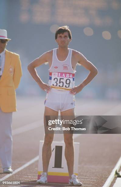 English athlete Sebastian Coe of the Great Britain team pictured during competition to win a gold medal in the Men's 1500 metres and a silver medal...