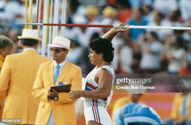 English javelin thrower Fatima Whitbread pictured during competition to finish in third place to win the bronze medal in the Women's javelin throw...