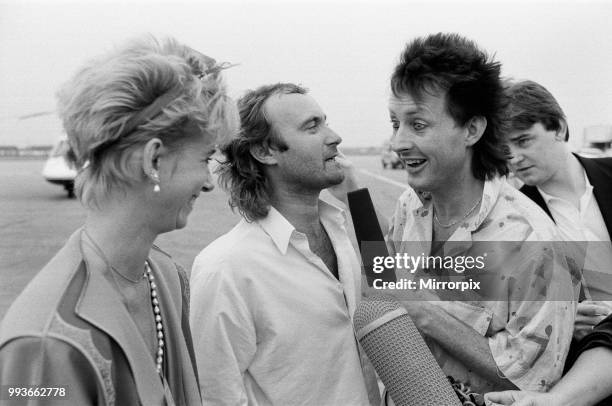 Singer Phil Collins & wife Jill Travelman at London Heathrow Airport, being interviewed by Steve Blacknell. Phil Collins is about to board a Concorde...