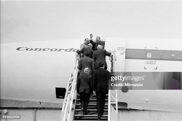 Prime Minster Edward Heath flies Concorde. He is pictured with test pilot Brian Trubshaw.19th May 1972.