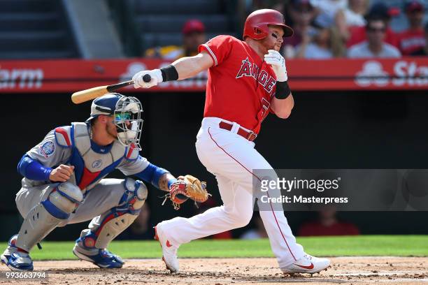 Kole Calhoun of the Los Angeles Angels of Anaheim at bat during the MLB against the Los Angeles Dodgers at Angel Stadium on July 7, 2018 in Anaheim,...