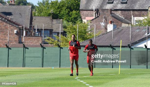 Virgil van Dijk and Georginio Wijnaldum of Liverpool during the first day back at Melwood Training Ground on July 8, 2018 in Liverpool, England.