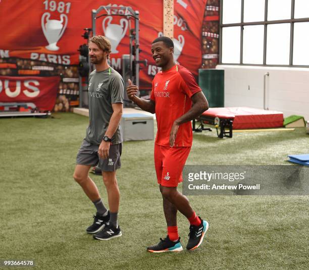 Georginio Wijnaldum of Liverpool during his first day back at Melwood Training Ground on July 8, 2018 in Liverpool, England.