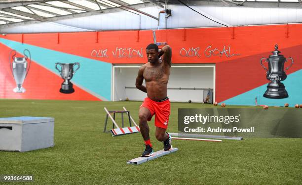 Georginio Wijnaldum of Liverpool during his first day back at Melwood Training Ground on July 8, 2018 in Liverpool, England.