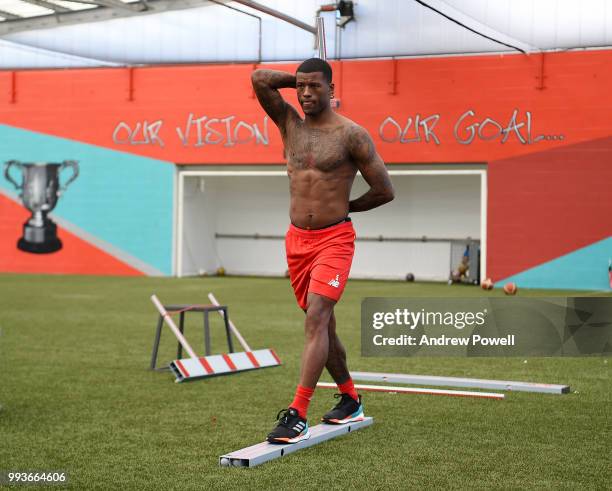 Georginio Wijnaldum of Liverpool during his first day back at Melwood Training Ground on July 8, 2018 in Liverpool, England.