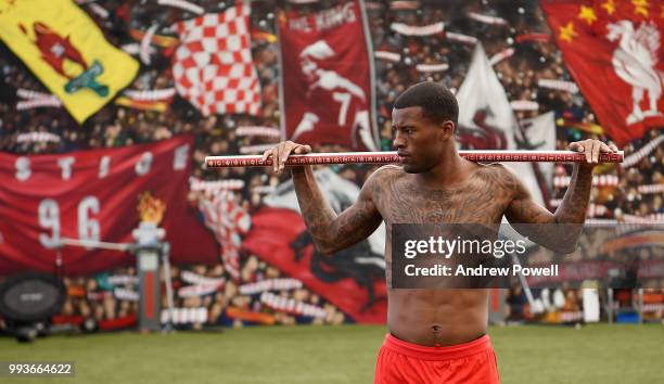 Georginio Wijnaldum of Liverpool during his first day back at Melwood Training Ground on July 8, 2018 in Liverpool, England.