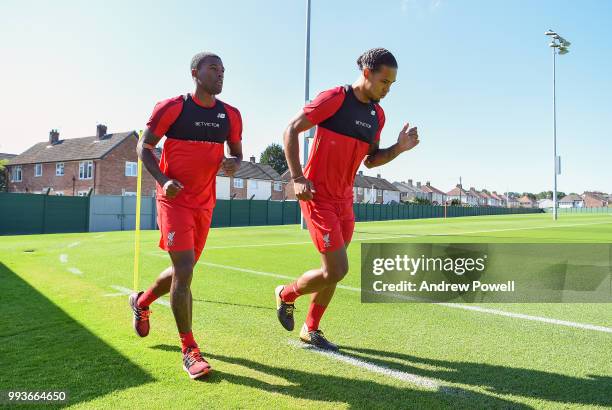 Virgil van Dijk and Georginio Wijnaldum of Liverpool during the first day back at Melwood Training Ground on July 8, 2018 in Liverpool, England.