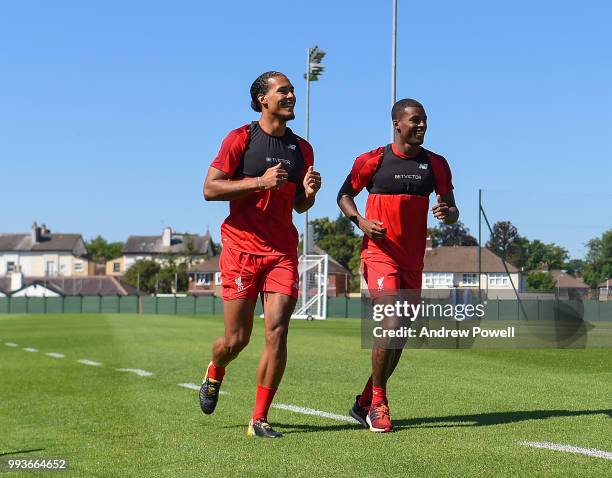 Virgil van Dijk and Georginio Wijnaldum of Liverpool during the first day back at Melwood Training Ground on July 8, 2018 in Liverpool, England.