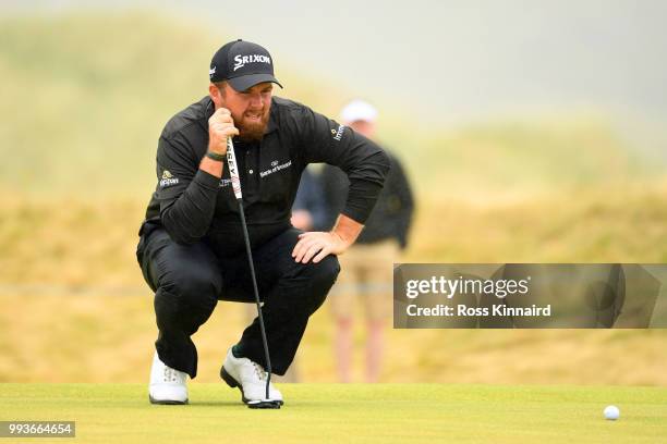 Shane Lowry of Ireland lines up a putt on the 9th green during the final round of the Dubai Duty Free Irish Open at Ballyliffin Golf Club on July 8,...