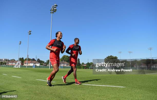 Virgil van Dijk and Georginio Wijnaldum of Liverpool during the first day back at Melwood Training Ground on July 8, 2018 in Liverpool, England.