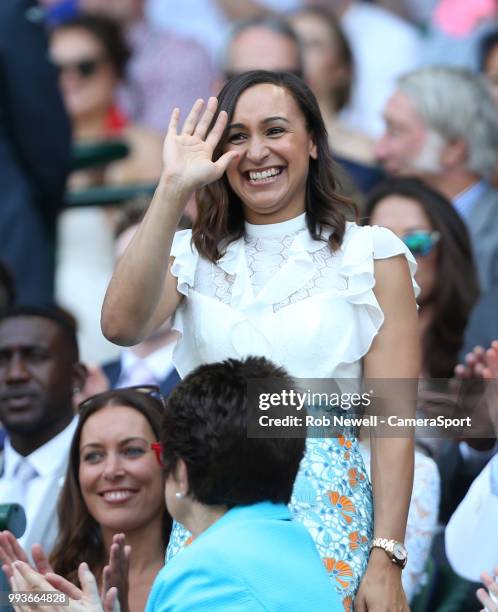 Athlete Jessica Ennis-Hill in the Royal box on Centre Court at All England Lawn Tennis and Croquet Club on July 7, 2018 in London, England.