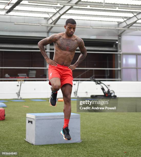 Georginio Wijnaldum of Liverpool during his first day back at Melwood Training Ground on July 8, 2018 in Liverpool, England.