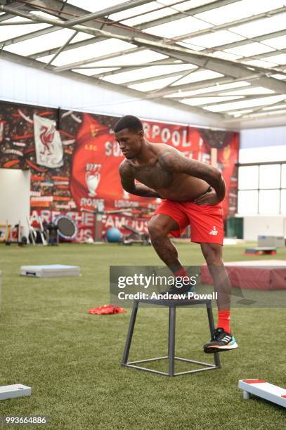 Georginio Wijnaldum of Liverpool during his first day back at Melwood Training Ground on July 8, 2018 in Liverpool, England.